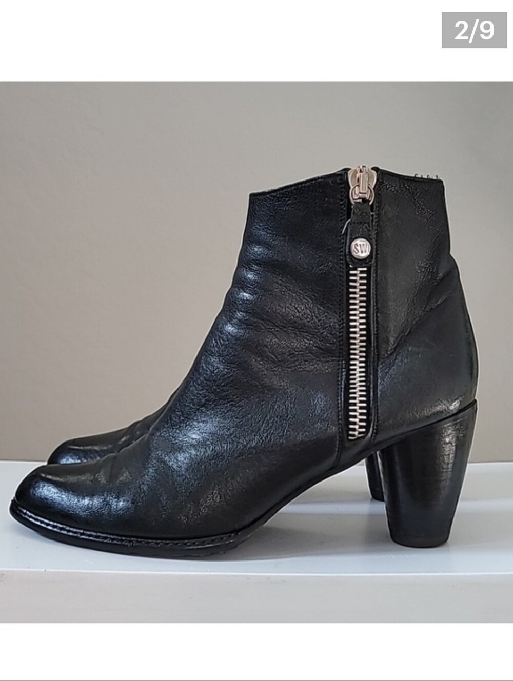 Stuart Weitzman Ankle Boot 7.5 Black Leather Block Heel Zipper